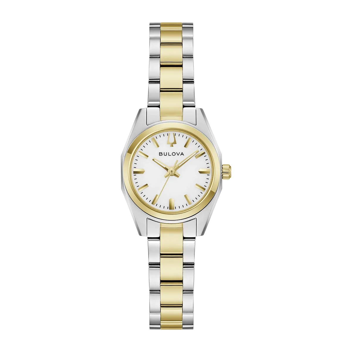 Reloj Bulova análogo, para Dama, tablero redondo color blanco, estilo index, pulso acero colores plateado y dorado