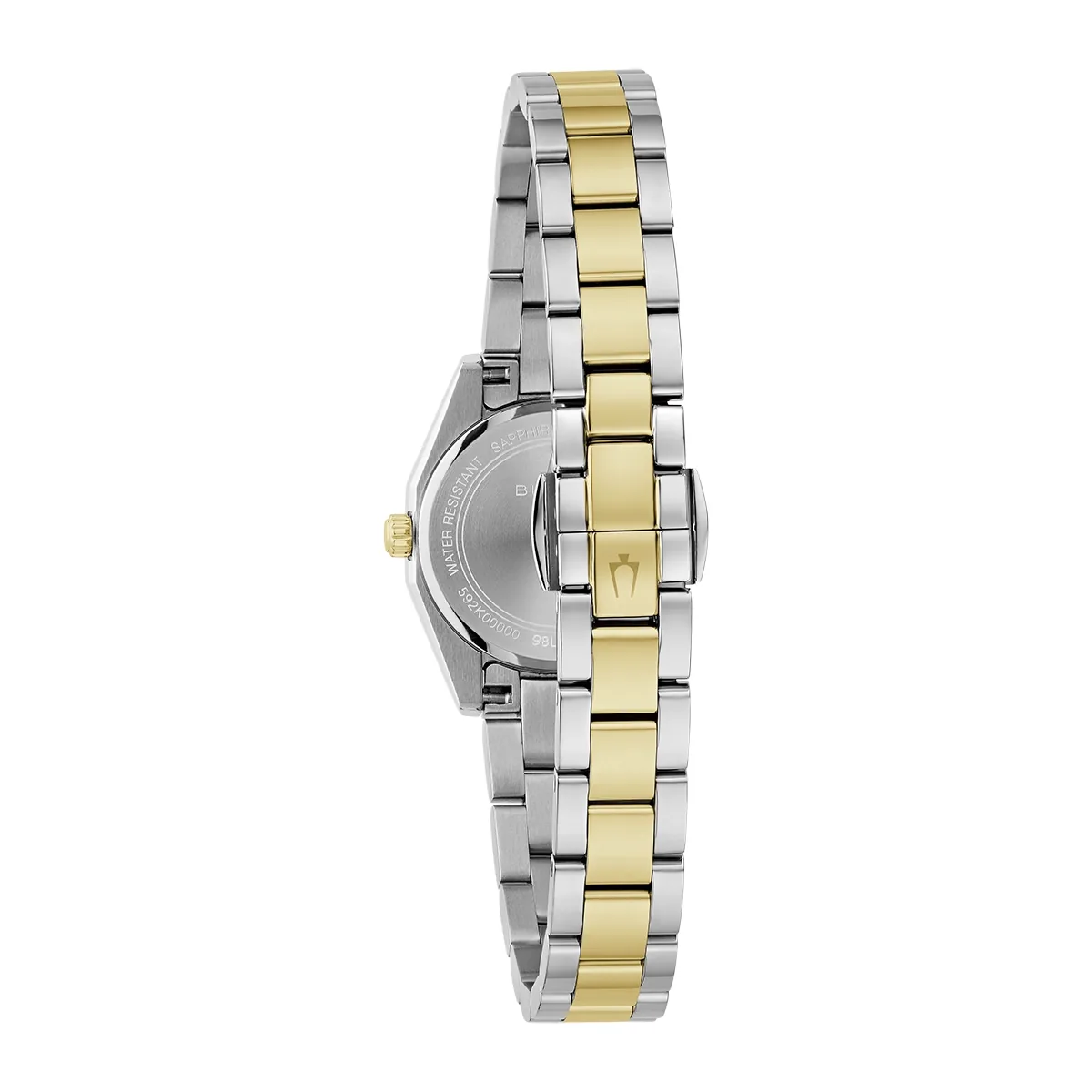 Reloj Bulova análogo, para Dama, tablero redondo color blanco, estilo index, pulso acero colores plateado y dorado
