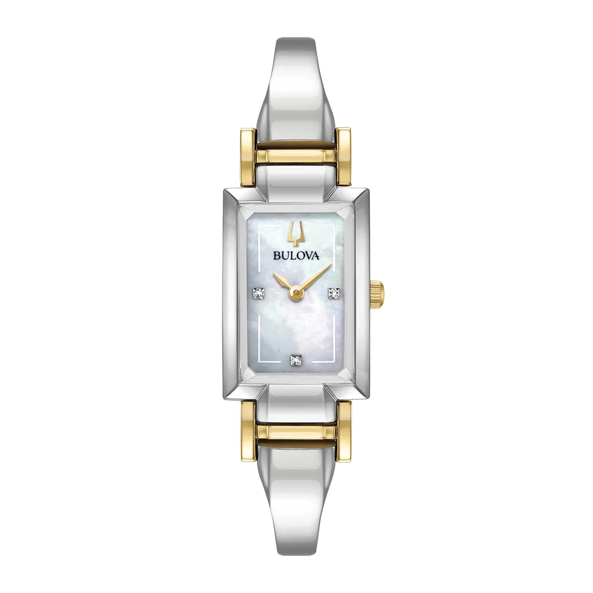 Reloj Bulova análogo, para Dama, tablero rectangular color blanco, estilo puntos, pulso acero color plateado