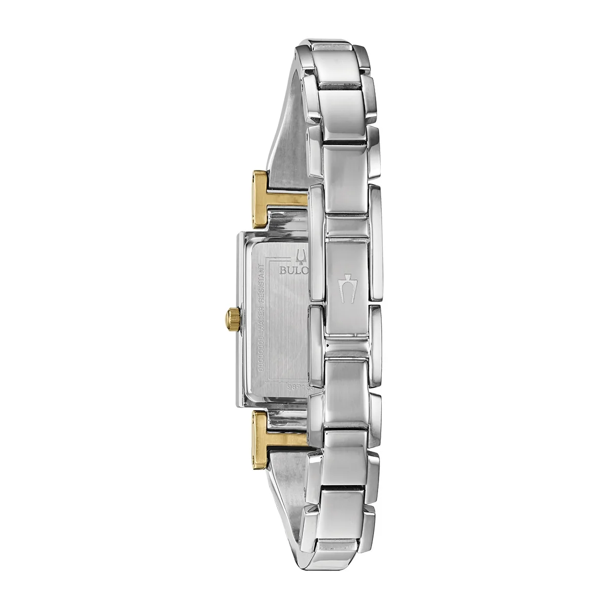 Reloj Bulova análogo, para Dama, tablero rectangular color blanco, estilo puntos, pulso acero color plateado