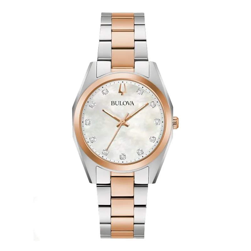 Reloj Bulova analogo, para Dama, tablero redondo colores blanco y rosa, estilo puntos, pulso acero colores plateado y rosa