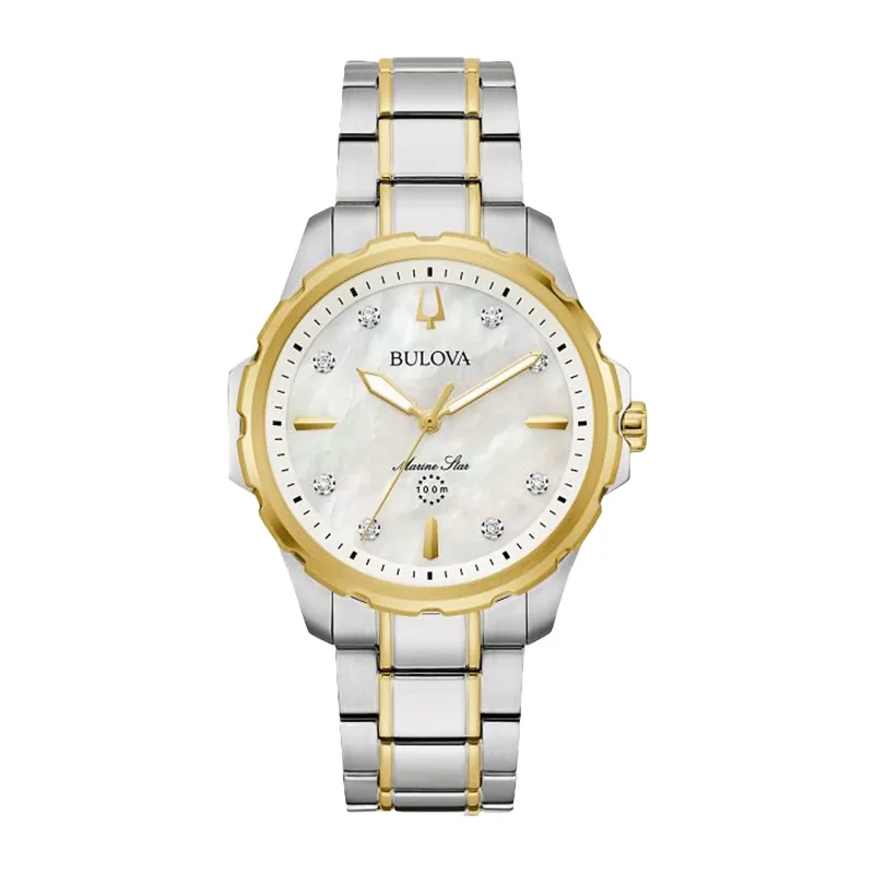 Reloj Bulova análogo, para Dama, tablero redondo color blanco, estilo index + puntos, pulso acero colores plateado y dorado