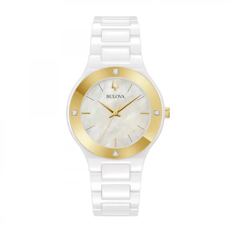 Reloj Bulova analogo, para Dama, tablero redondo colores blanco y dorado, estilo index, pulso cerámica color blanco