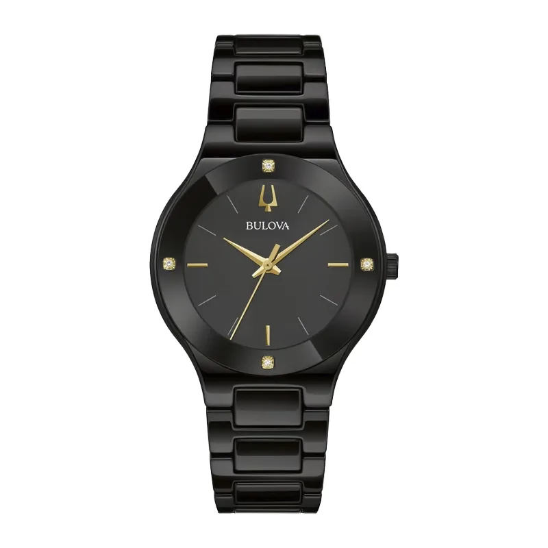 Reloj Bulova analogo, para Dama, tablero redondo color negro, estilo index, pulso cerámica color negro