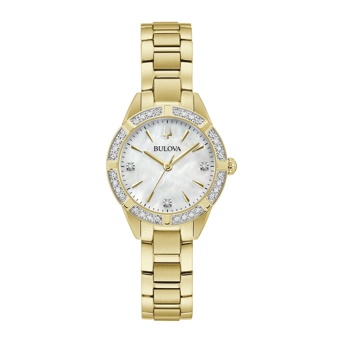Reloj Bulova análogo, para Dama, tablero redondo color blanco, estilo index + puntos, pulso acero color dorado