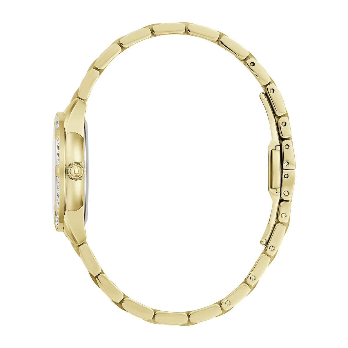Reloj Bulova análogo, para Dama, tablero redondo color blanco, estilo index + puntos, pulso acero color dorado