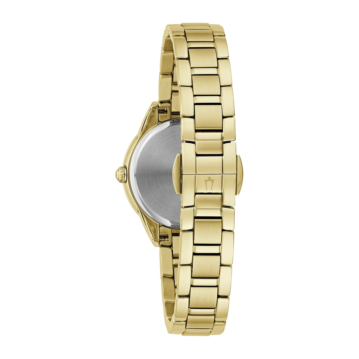 Reloj Bulova análogo, para Dama, tablero redondo color blanco, estilo index + puntos, pulso acero color dorado
