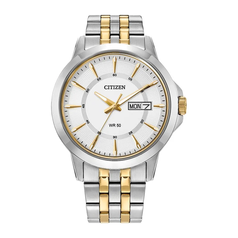 Reloj Citizen analogo, para Hombre, tablero redondo colores plateado y dorado, estilo index, pulso acero colores plateado y dorado, calendario