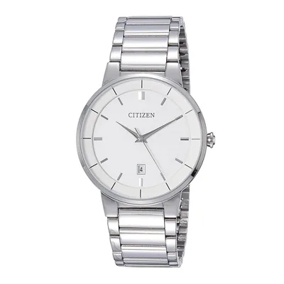 Reloj Citizen analogo, para Hombre, tablero redondo color blanco, estilo index, pulso acero color plateado, calendario