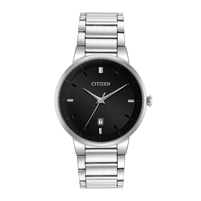 Reloj Citizen analogo, para Hombre, tablero redondo colores blanco, negro y plateado, estilo index, pulso acero color plateado, calendario