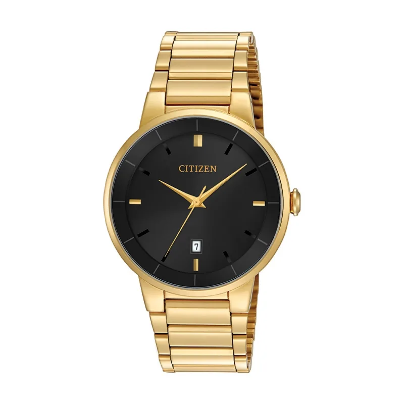 Reloj Citizen analogo, para Hombre, tablero redondo color negro, estilo index, pulso acero color dorado, calendario