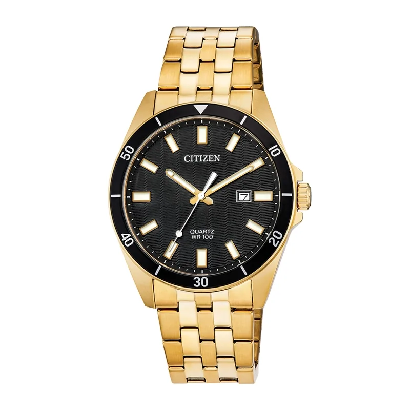 Reloj Citizen analogo, para Hombre, tablero redondo colores negro y blanco, estilo index, pulso acero color dorado, calendario