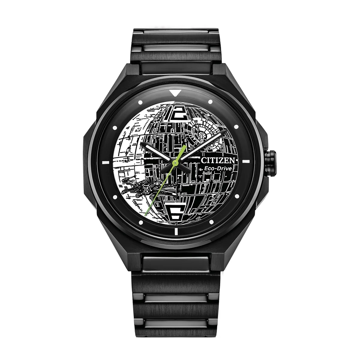 Reloj Citizen análogo, para Hombre, tablero redondo colores negro y blanco, estilo puntos + arábigo, pulso acero color negro