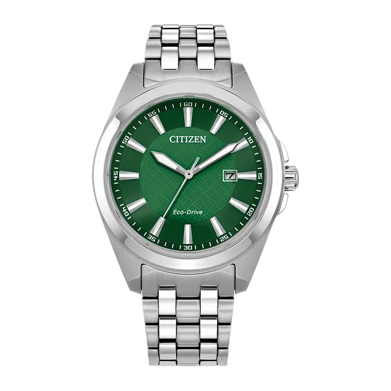 Reloj Citizen analogo, para Hombre, tablero redondo color verde, estilo index, pulso acero color plateado, calendario