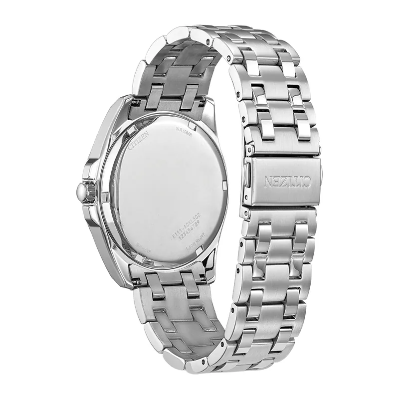 Reloj Citizen analogo, para Hombre, tablero redondo color verde, estilo index, pulso acero color plateado, calendario