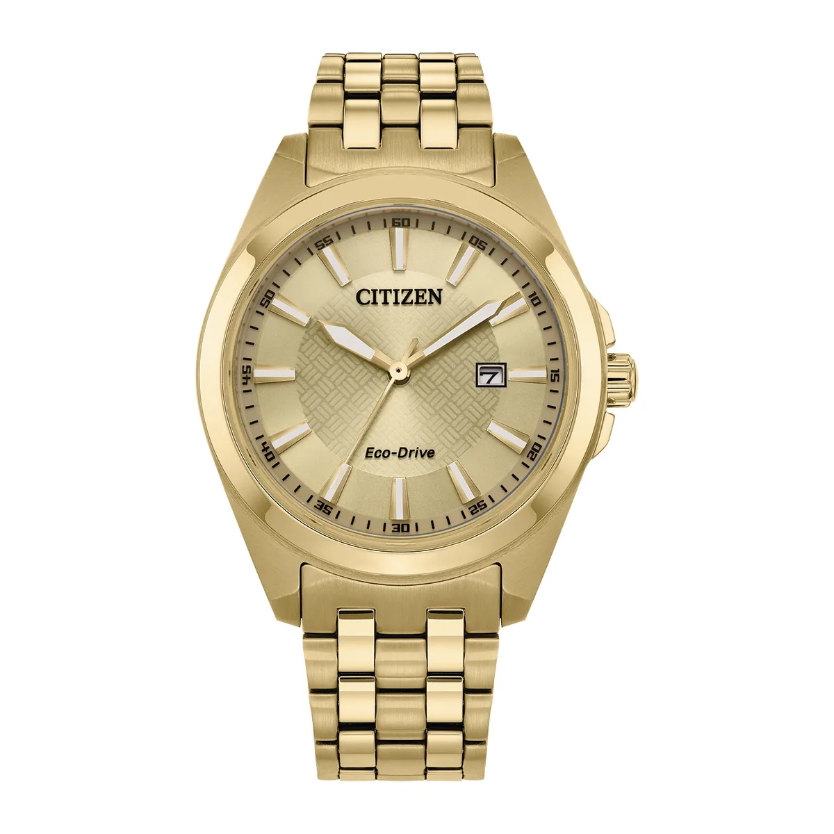 Reloj Citizen analogo, para Hombre, tablero redondo color dorado, estilo index, pulso acero color dorado, calendario