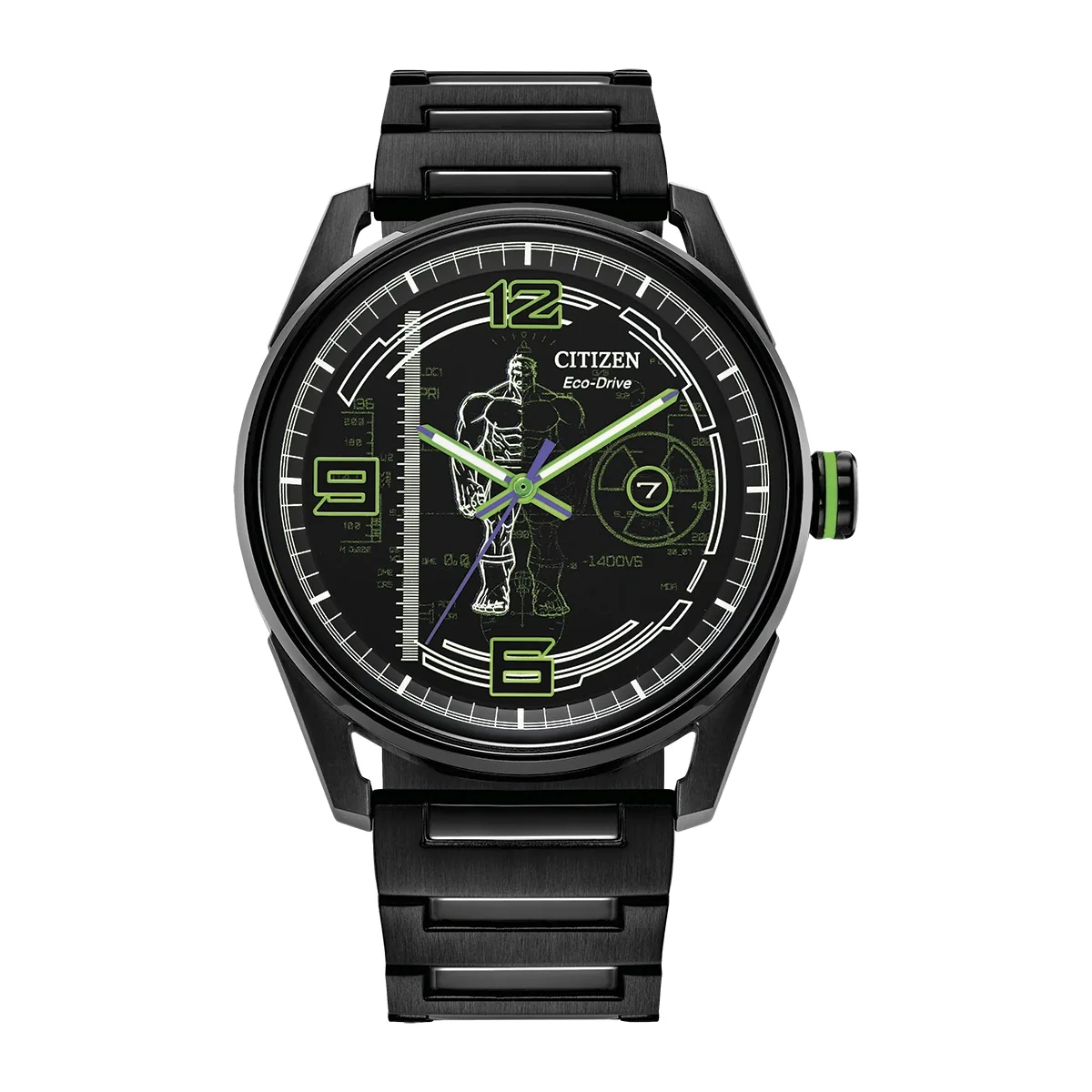 Reloj Citizen análogo, para Hombre, tablero redondo colores negro y verde, estilo arábigos, pulso acero color negro, calendario