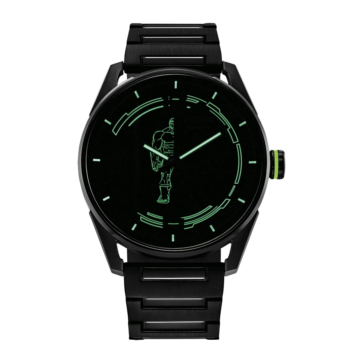 Reloj Citizen análogo, para Hombre, tablero redondo colores negro y verde, estilo arábigos, pulso acero color negro, calendario