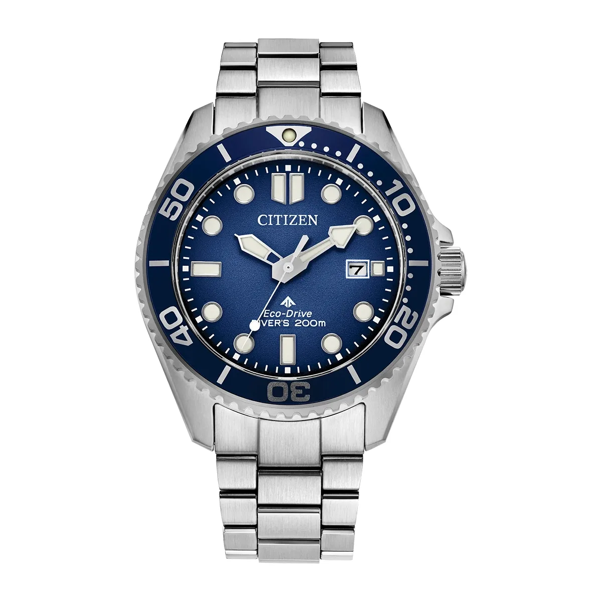 Reloj Citizen análogo, para Hombre, tablero redondo color azul, estilo index + puntos, pulso acero color plateado, calendario