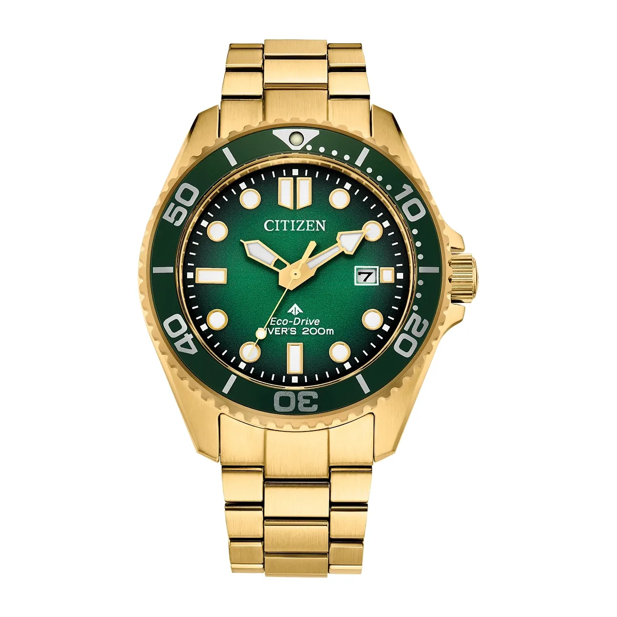 Reloj Citizen análogo, para Hombre, tablero redondo color verde, estilo index + puntos, pulso acero color dorado
