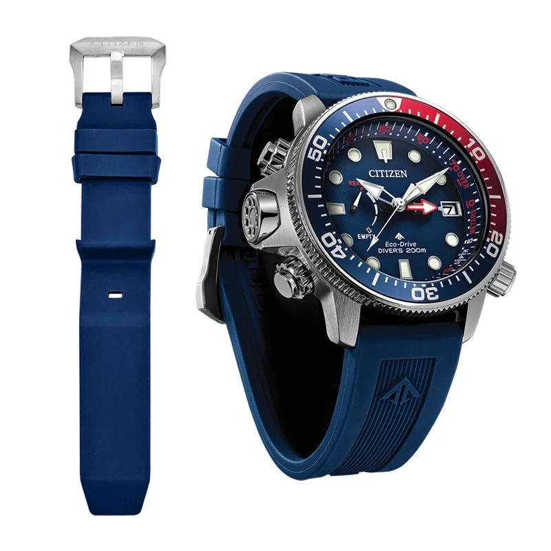 Reloj Citizen análogo, para Hombre, tablero redondo colores azul y rojo, estilo index + puntos, pulso silicona color azul, calendario