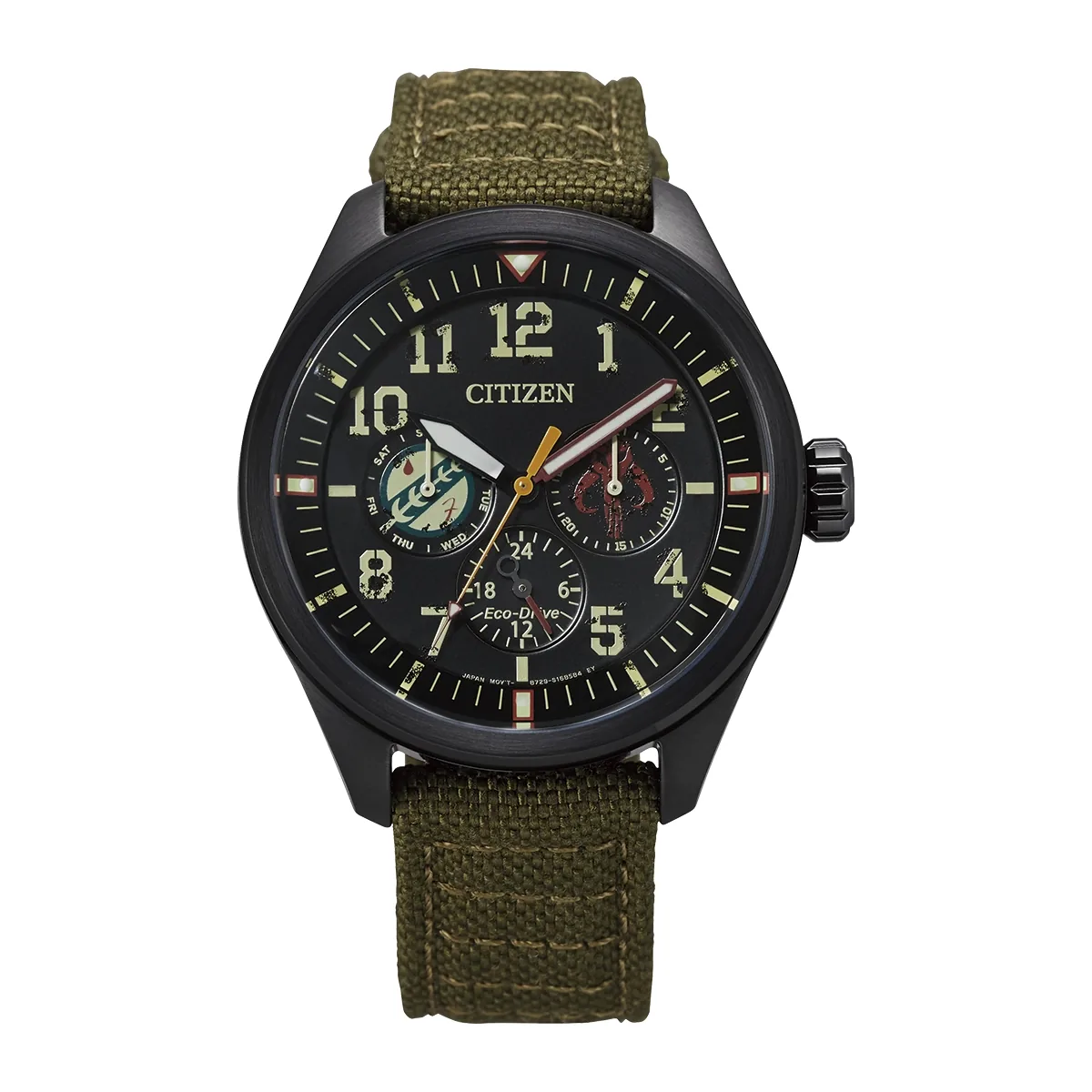 Reloj Citizen análogo, para Hombre, tablero redondo color negro, estilo arábigos, pulso lona color verde, calendario