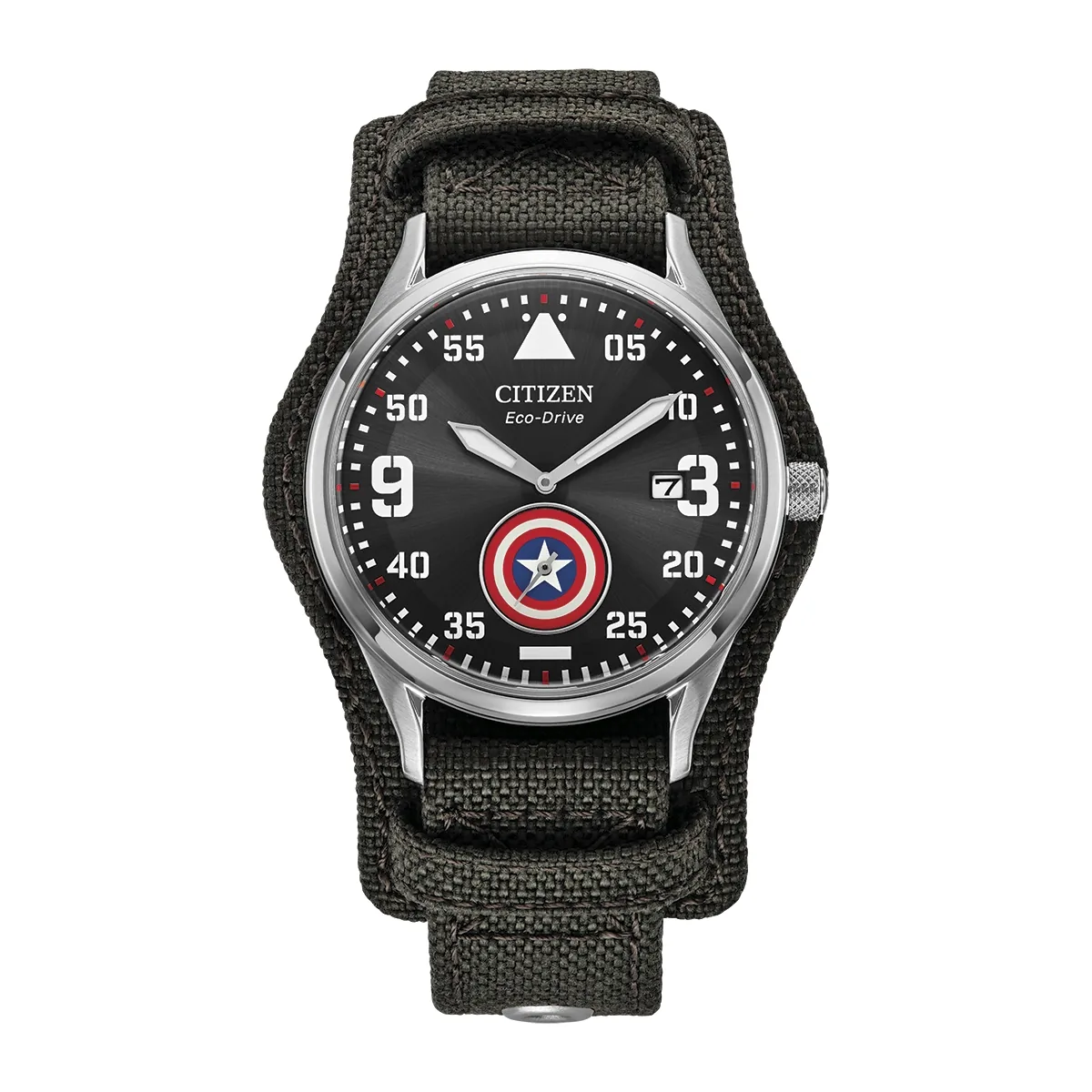 Reloj Citizen análogo, para Hombre, tablero redondo color negro, estilo arábigos, pulso lona color verde, calendario