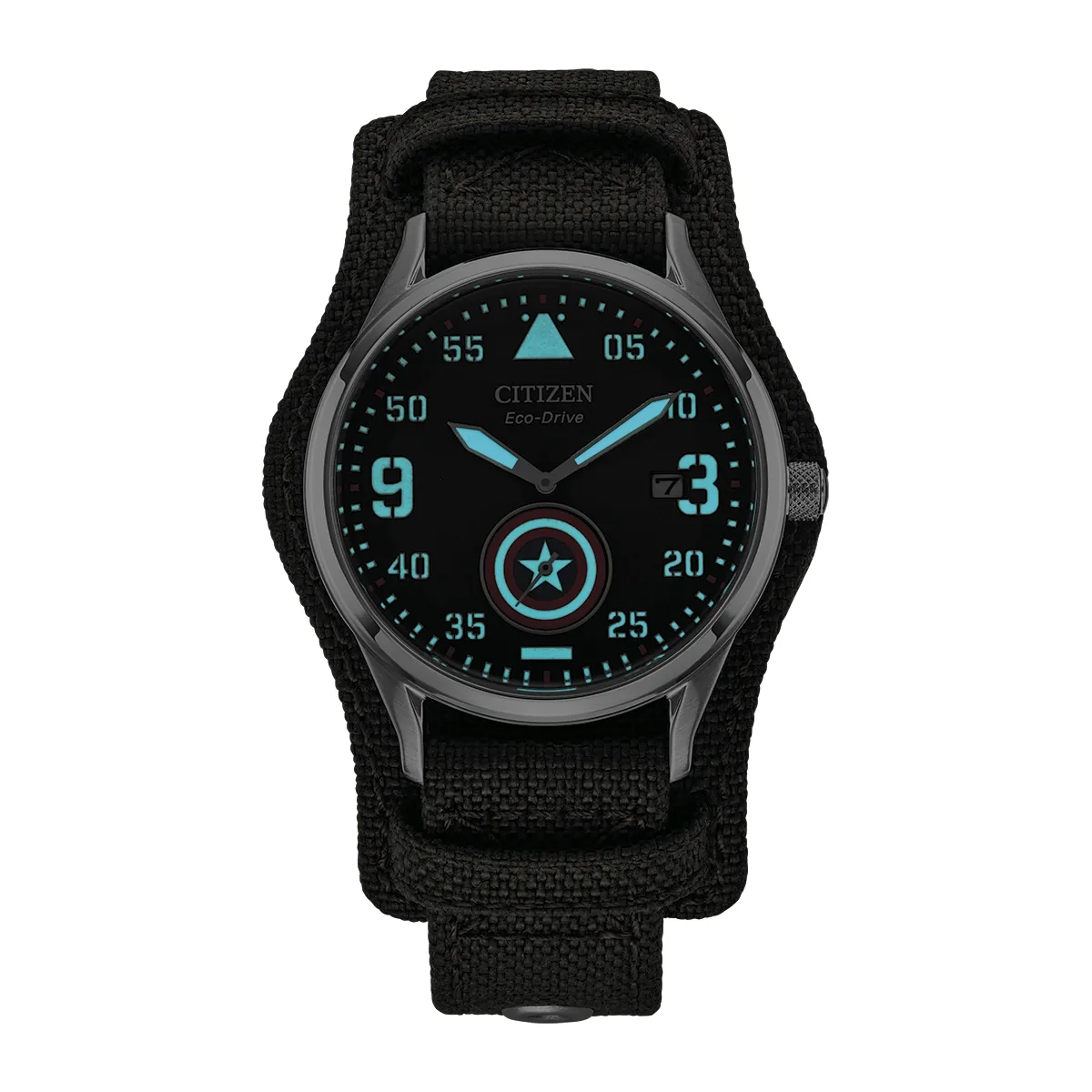 Reloj Citizen análogo, para Hombre, tablero redondo color negro, estilo arábigos, pulso lona color verde, calendario