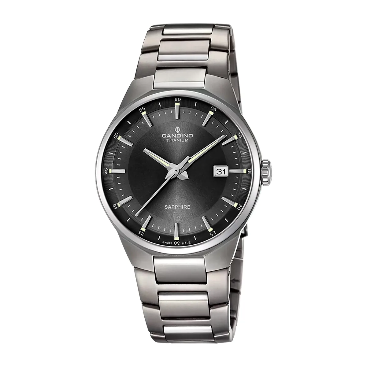 Reloj Candino analogo, para Hombre, tablero redondo color negro, estilo index, pulso titanium color plateado, calendario