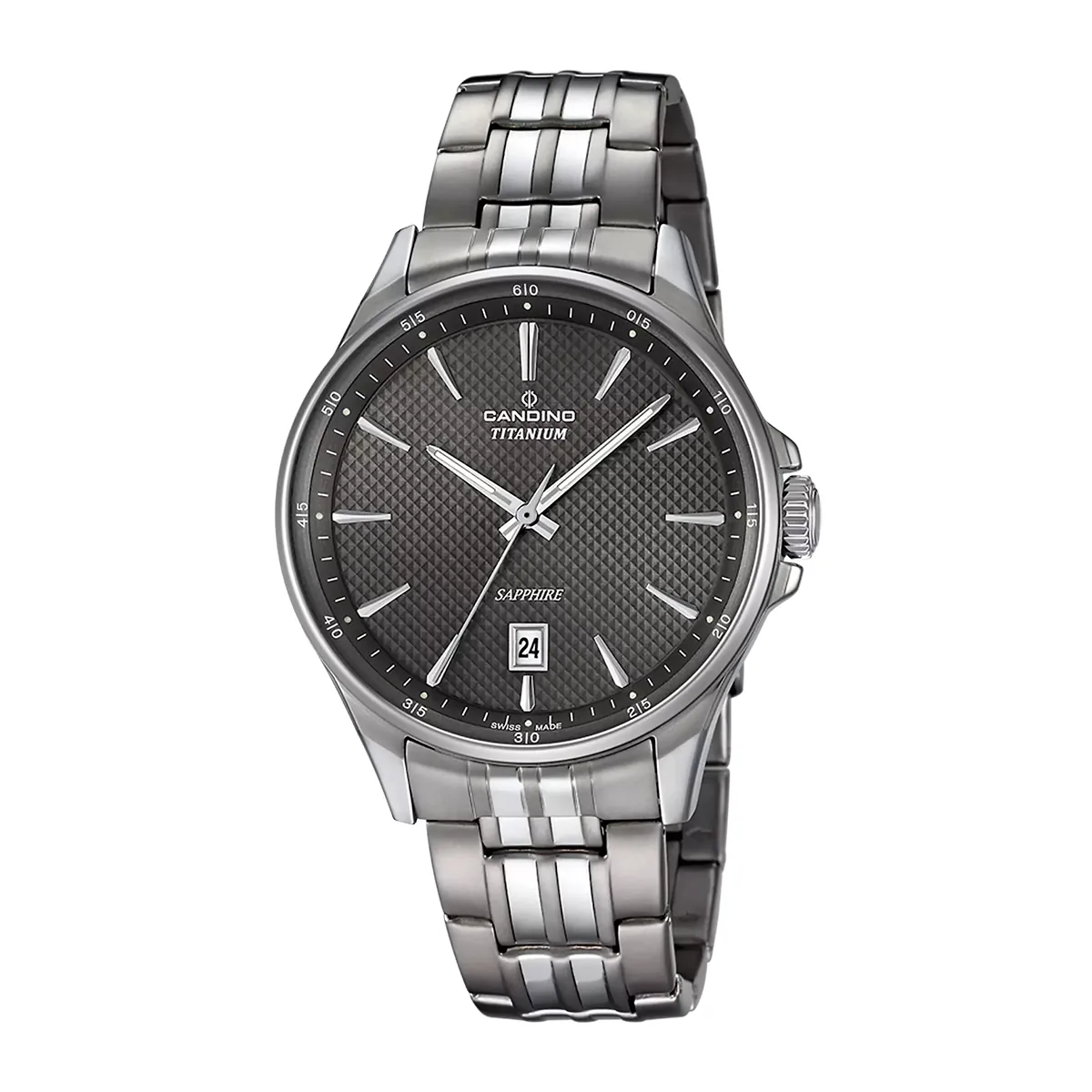 Reloj Candino analogo, para Hombre, tablero redondo color gris, estilo index, pulso titanium color plateado, calendario