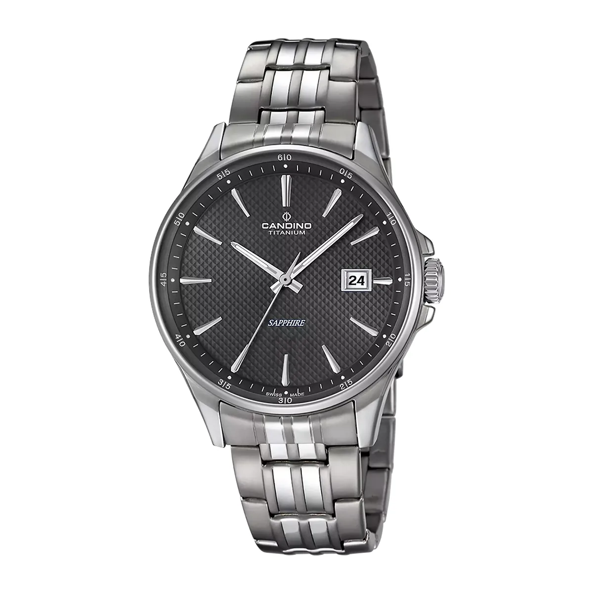 Reloj Candino análogo, para Hombre, tablero redondo color gris, estilo index, pulso titanium color plateado, calendario