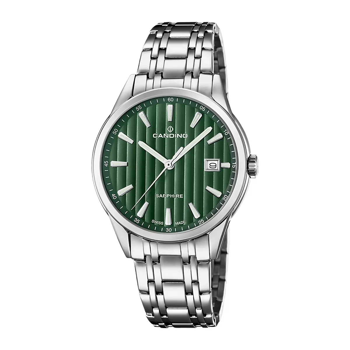 Reloj Candino análogo, para Hombre, tablero redondo color verde, estilo index, pulso acero color plateado, calendario