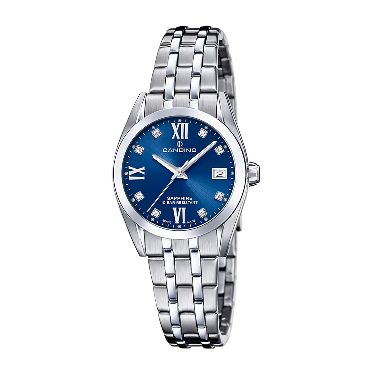 Reloj Candino análogo, para Dama, tablero redondo color azul, estilo puntos + romano, pulso acero color plateado, calendario