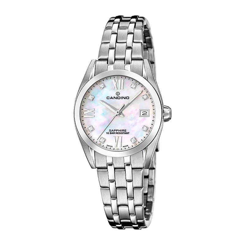 Reloj Candino análogo, para Dama, tablero redondo color blanco, estilo puntos + romano, pulso acero color plateado, calendario