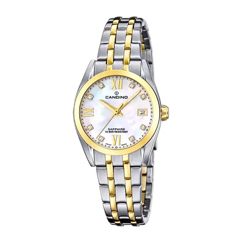 Reloj Candino análogo, para Dama, tablero redondo color blanco, estilo puntos + romano, pulso acero colores plateado y dorado, calendario