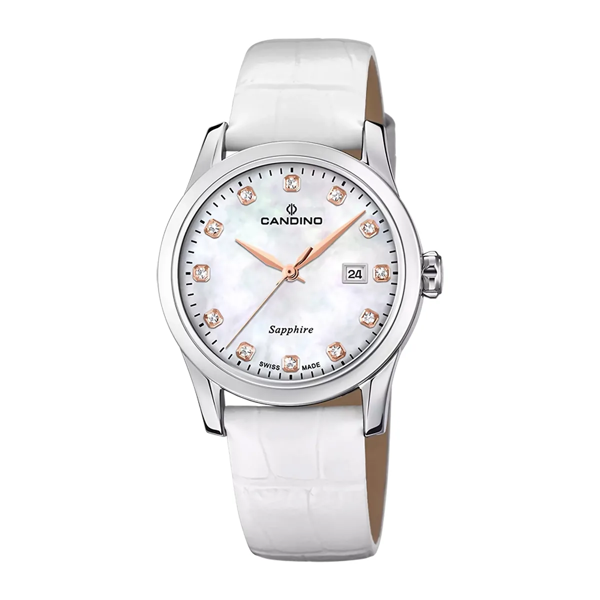 Reloj Candino analogo, para Dama, tablero redondo color blanco, estilo puntos, pulso cuero color blanco, calendario