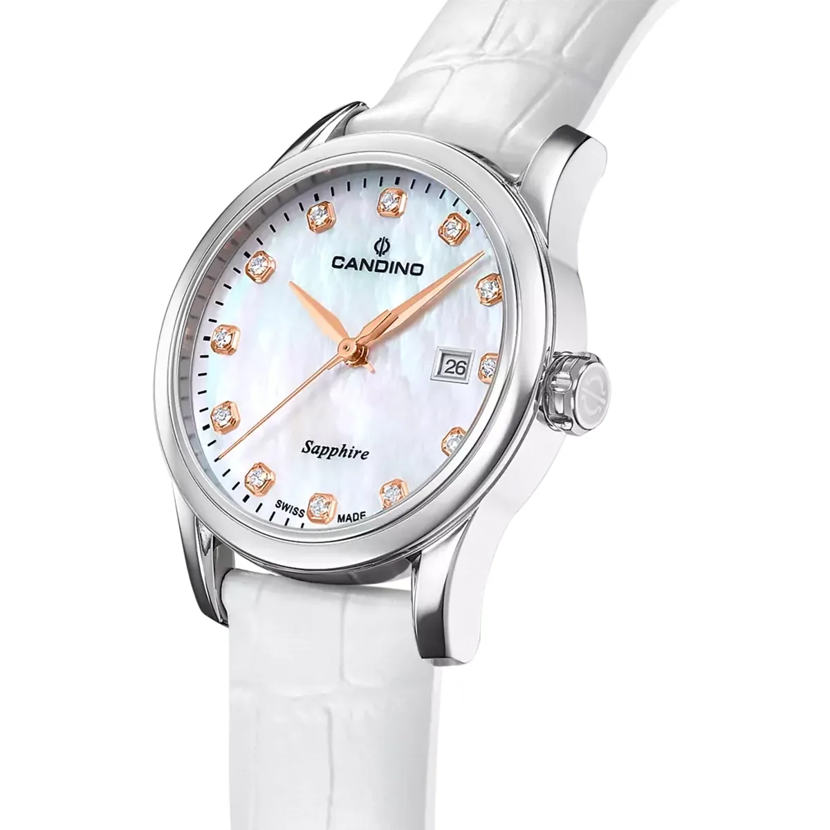Reloj Candino analogo, para Dama, tablero redondo color blanco, estilo puntos, pulso cuero color blanco, calendario