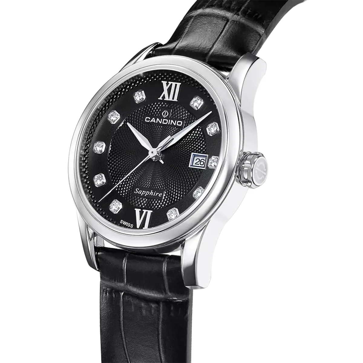 Reloj Candino analogo, para Dama, tablero redondo color negro, estilo puntos + romano, pulso cuero color negro, calendario