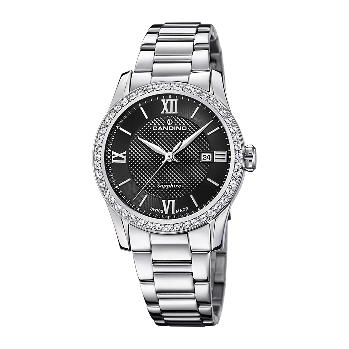 Reloj Candino análogo, para Dama, tablero redondo color negro, estilo index + romano, pulso acero color plateado, calendario