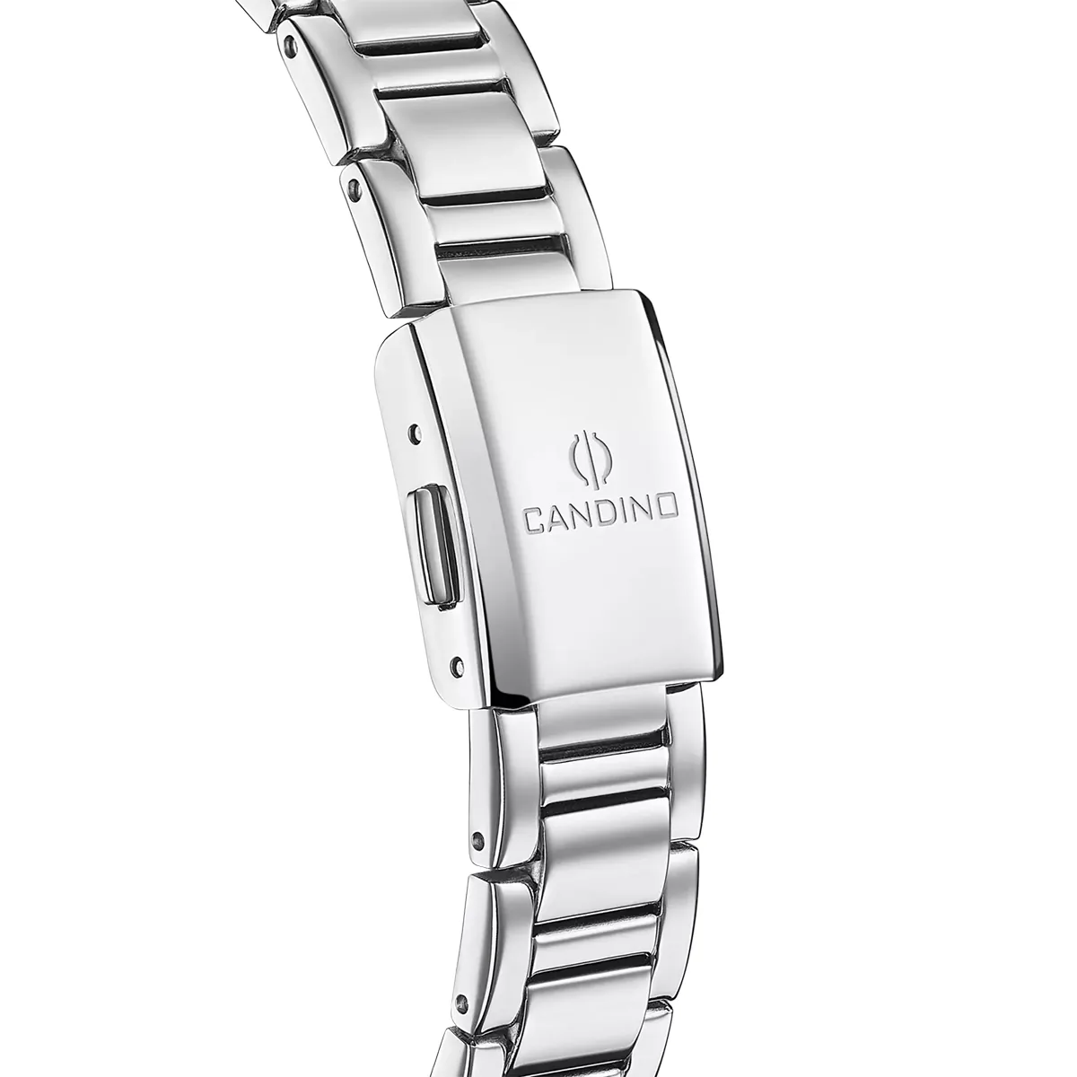 Reloj Candino análogo, para Dama, tablero redondo color negro, estilo index + romano, pulso acero color plateado, calendario