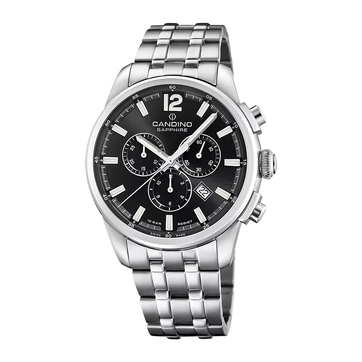 Reloj Candino análogo, para Hombre, tablero redondo color negro, estilo index, pulso acero color plateado, calendario, cronografo