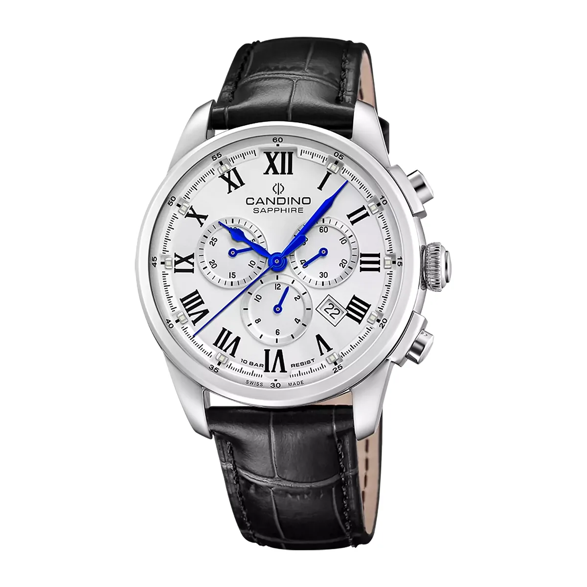 Reloj Candino análogo, para Hombre, tablero redondo color blanco, estilo romanos, pulso cuero color negro, calendario, cronografo
