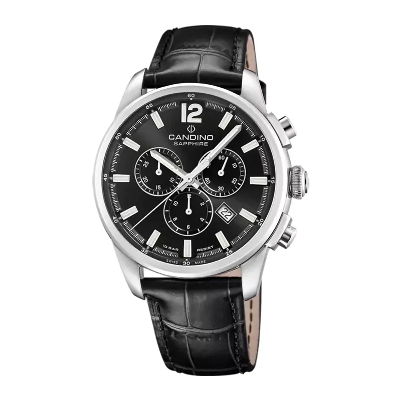 Reloj Candino analogo, para Hombre, tablero redondo colores negro y plateado, estilo index + arabigo, pulso cuero color negro, calendario, cronografo