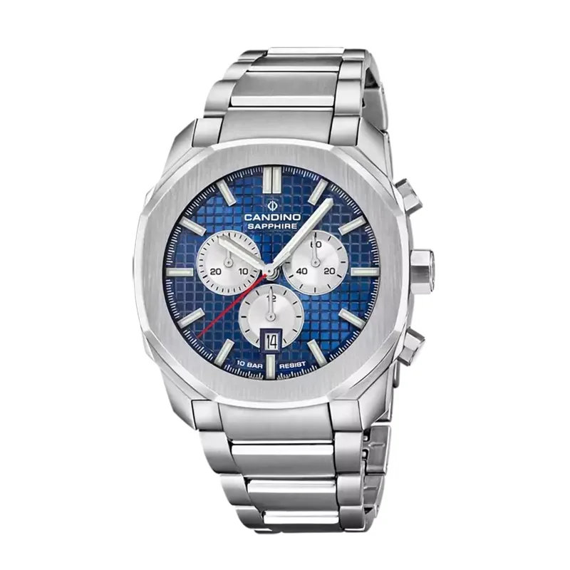Reloj Candino analogo, para Hombre, tablero redondo colores azul y plateado, estilo index, pulso acero color plateado, calendario, cronografo