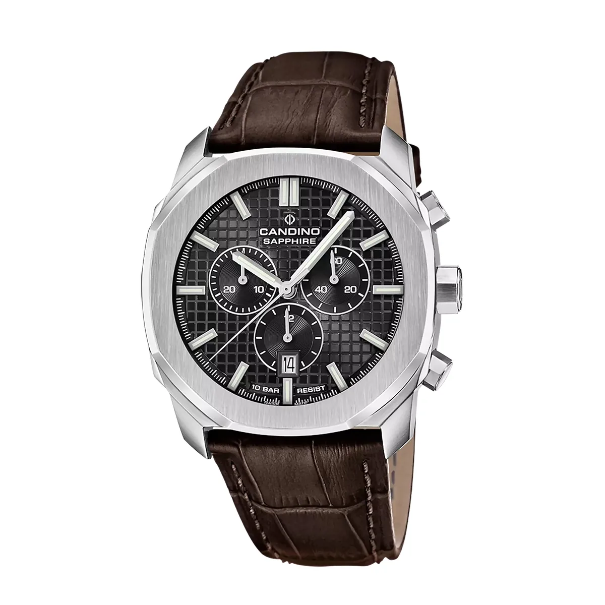 Reloj Candino analogo, para Hombre, tablero redondo color negro, estilo index, pulso cuero color café, calendario, cronografo