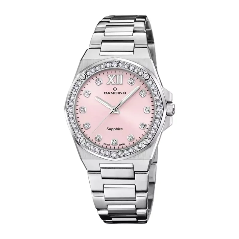 Reloj Candino analogo, para Dama, tablero redondo colores rosado y plateado, estilo puntos + romano, pulso acero color plateado