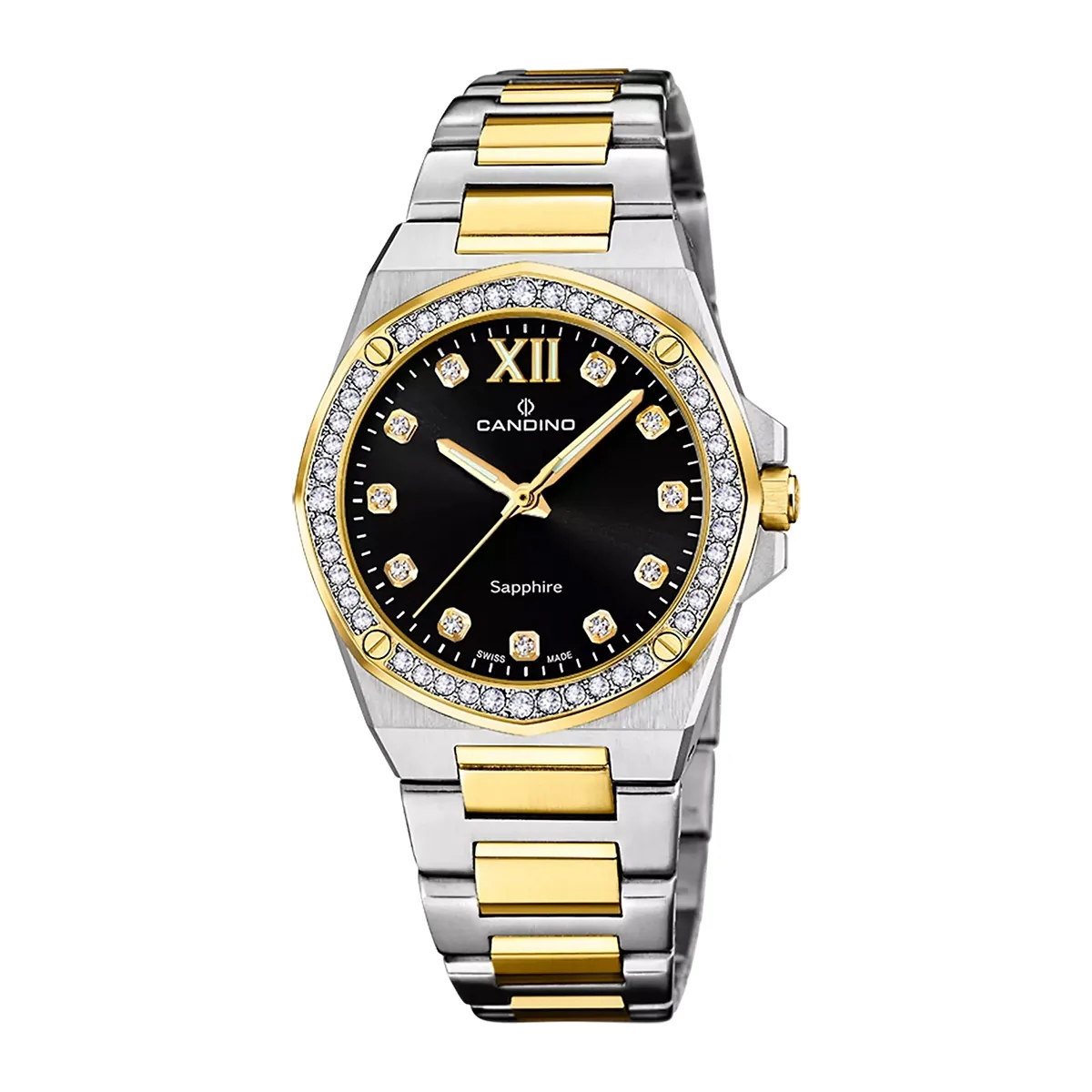 Reloj Candino analogo, para Dama, tablero redondo color negro, estilo puntos + romano, pulso acero colores plateado y dorado
