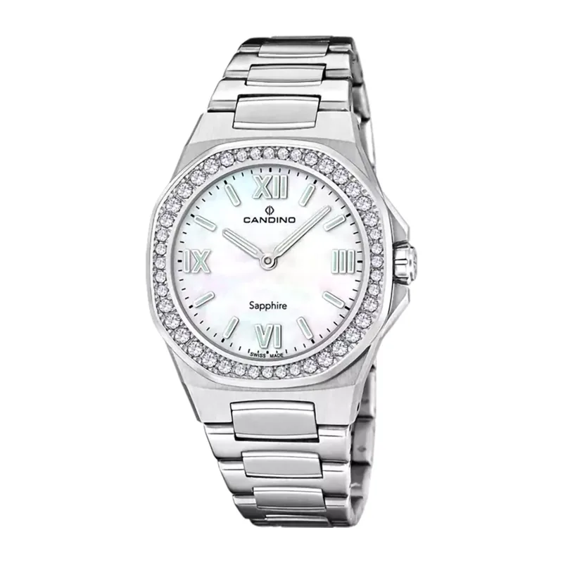Reloj Candino analogo, para Dama, tablero redondo color blanco, estilo index + romano, pulso acero color plateado