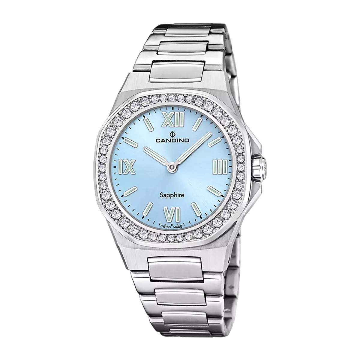Reloj Candino analogo, para Dama, tablero redondo color azul, estilo index + romano, pulso acero color plateado