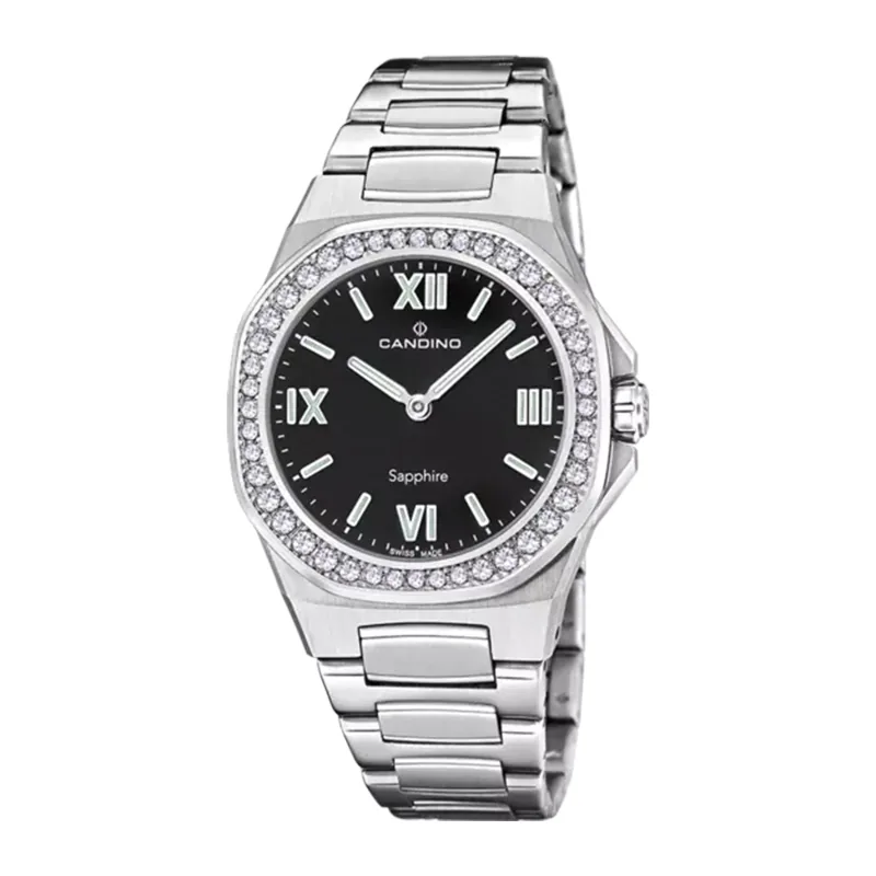 Reloj Candino analogo, para Dama, tablero redondo color negro, estilo index + romano, pulso acero color plateado